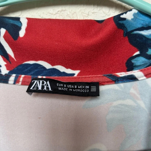 ZARA Floral Knit Midi Shirt Dress Tie-Belt Button Long Sleeve Red Blue - Picture 5 of 5